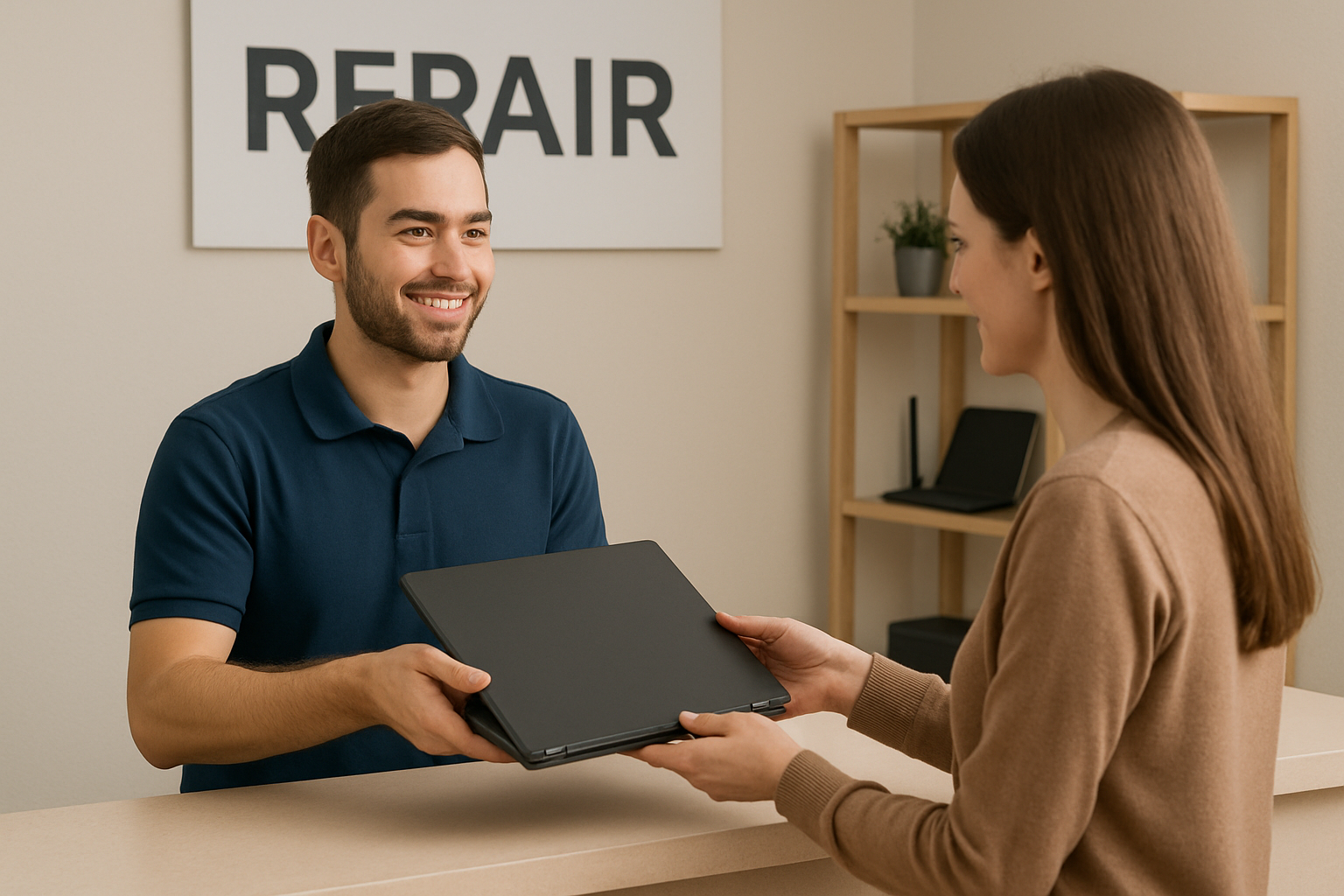 Customer receiving repaired laptop at front desk