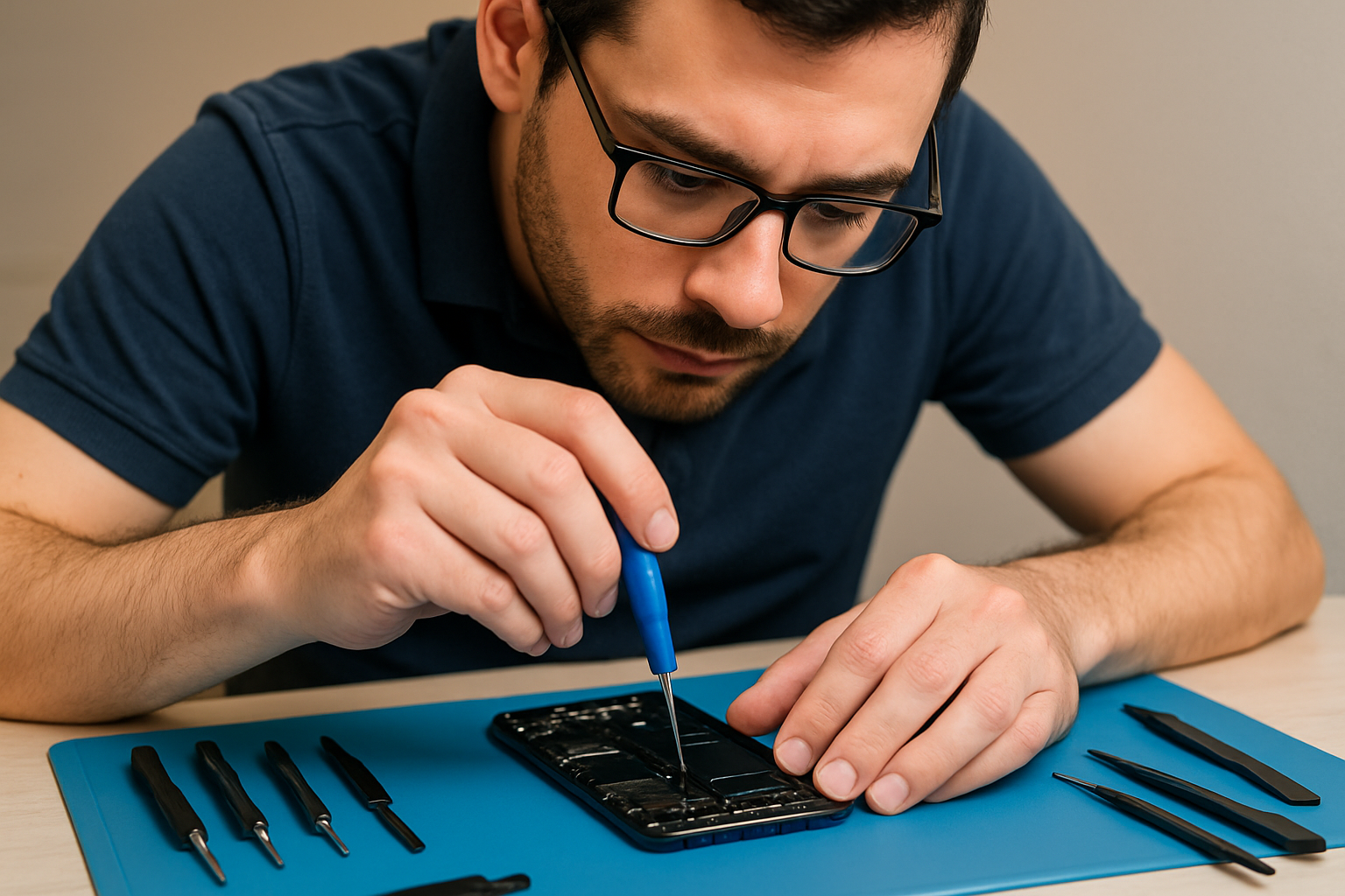 Technician repairing a smartphone